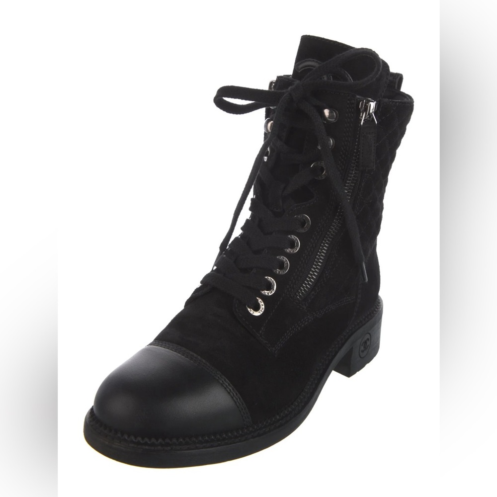 CHANEL Suede CC logo combat boots